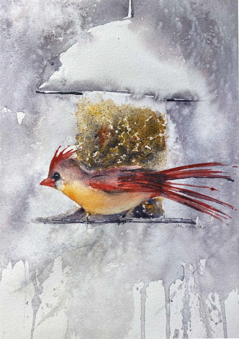 Product Description: 10 pack of cards bundled with envelopes.</br>Image by Jan Guarino of Fearless Watercolor</br>Blank inside Watercolor cardinal on front.</br> Cardinal Cards, Artwork by Jan Guarino (10pcs)