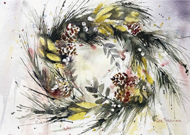 Product Description: 10 pack of cards bundled with envelopes.</br>Image by Jan Guarino of Fearless Watercolor</br>Blank inside Watercolor wreath on the front</br> Wreath Cards, Artwork by Jan Guarino (10pcs)